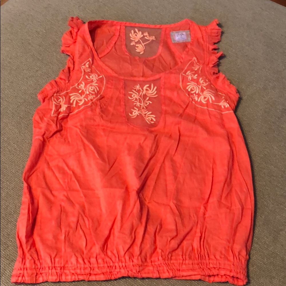 Free People Coral Mesh Embroidered Neckline Blouse